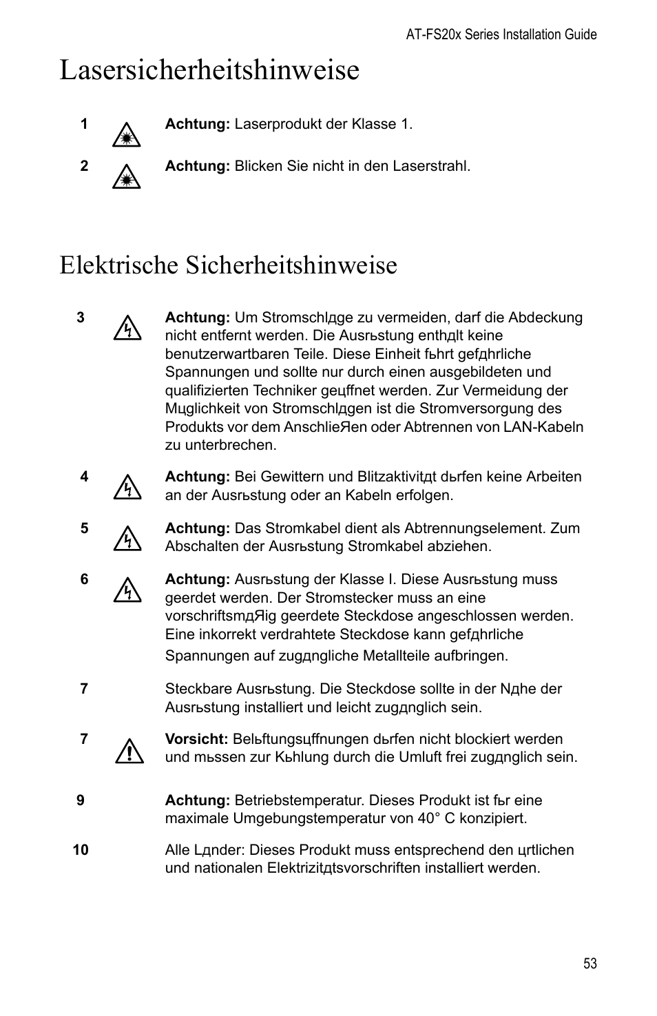 Elektrische sicherheitshinweise, Lasersicherheitshinweise | Allied Telesis AT-FS202SC/FS1 User Manual | Page 63 / 88