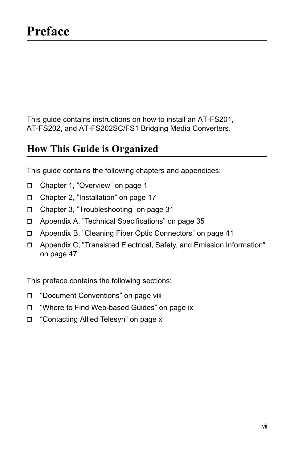 Preface, How this guide is organized | Allied Telesis AT-FS202SC/FS1 User Manual | Page 7 / 88