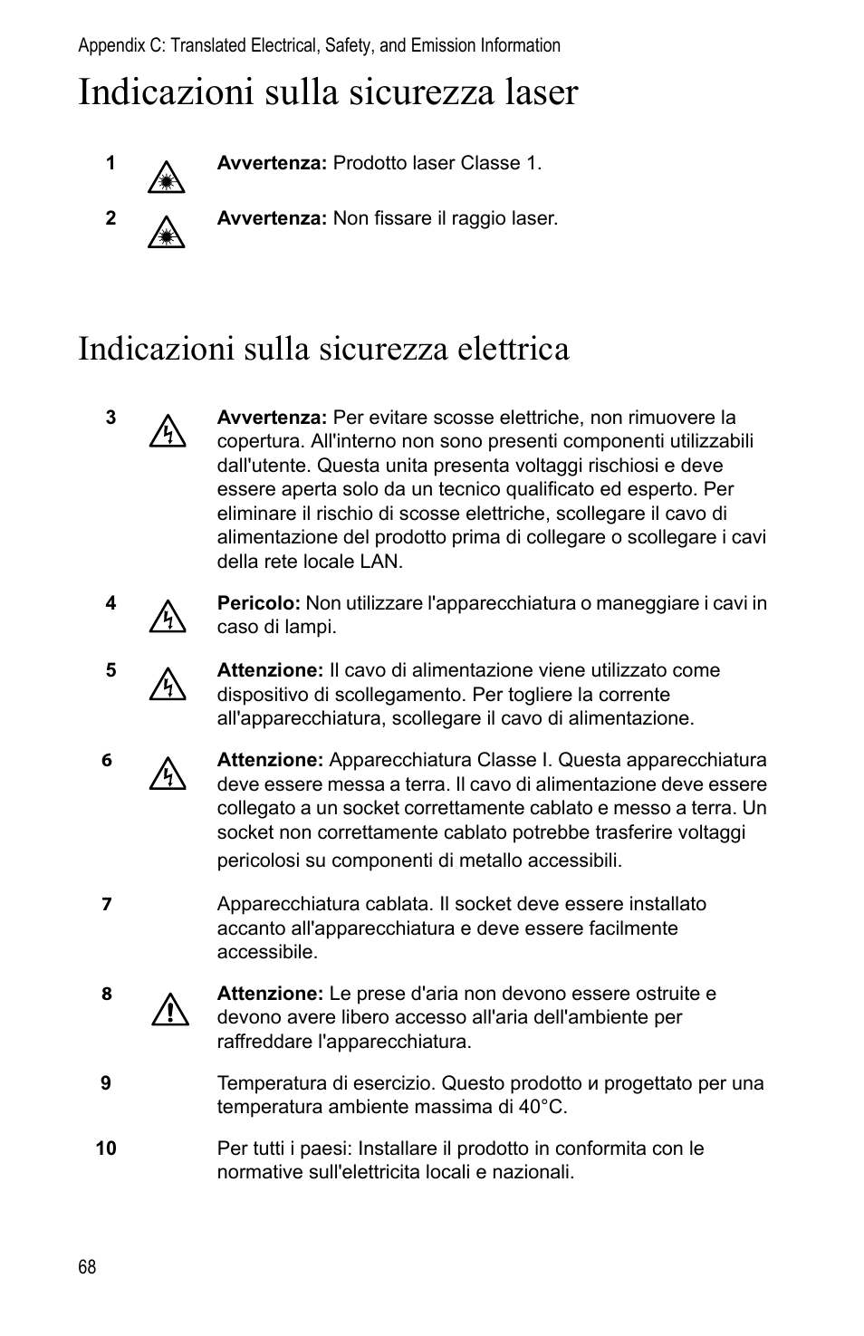 Indicazioni sulla sicurezza elettrica, Indicazioni sulla sicurezza laser | Allied Telesis AT-FS202SC/FS1 User Manual | Page 78 / 88