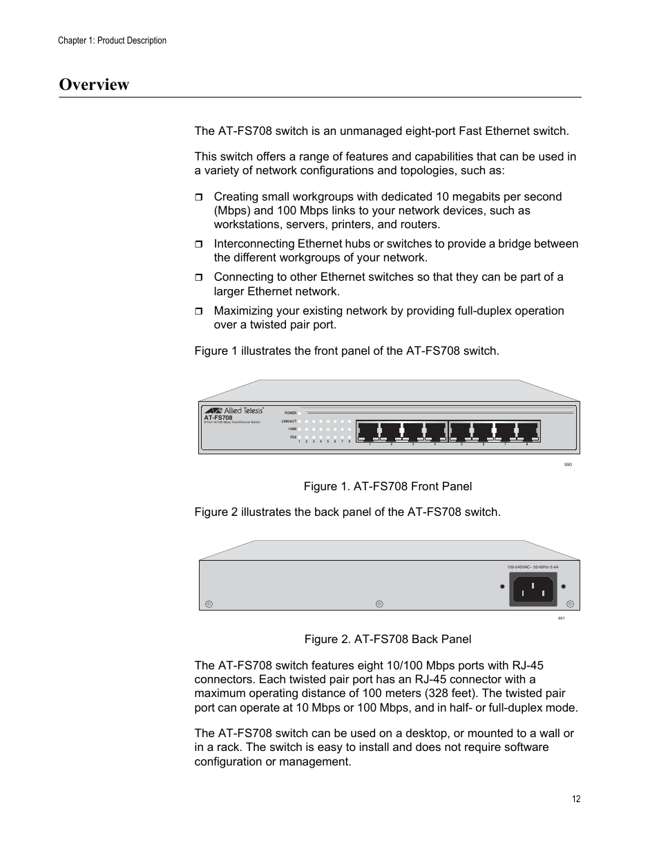 Overview, Chapter 1: product description 12 | Allied Telesis AT-FS708 User Manual | Page 12 / 61