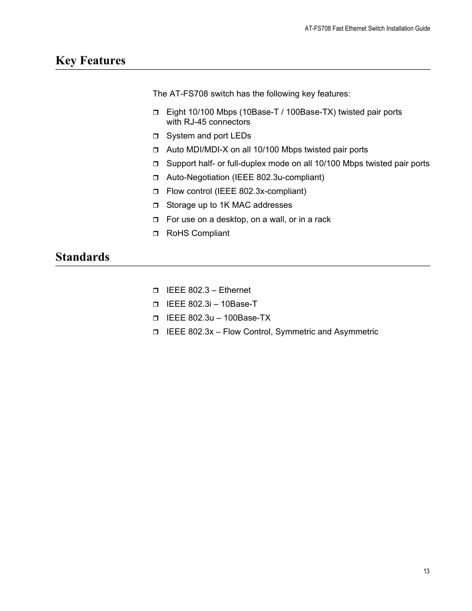 Key features, Standards, Key features standards | Allied Telesis AT-FS708 User Manual | Page 13 / 61