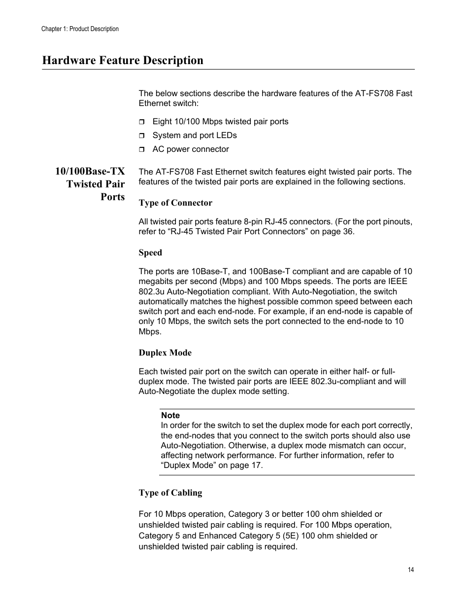 Hardware feature description, 10/100base-tx twisted pair ports | Allied Telesis AT-FS708 User Manual | Page 14 / 61