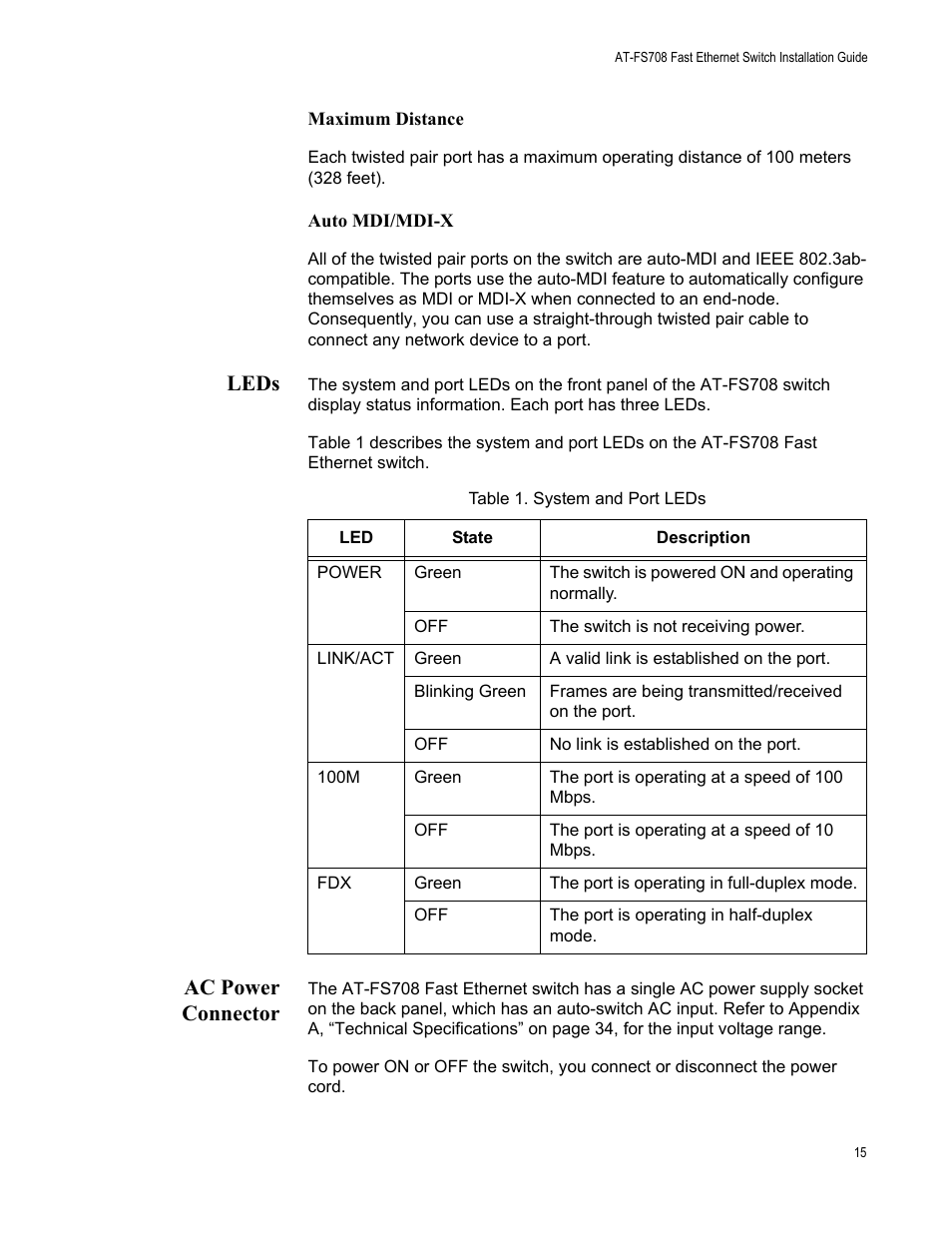 Leds, Ac power connector, Leds ac power connector | Allied Telesis AT-FS708 User Manual | Page 15 / 61