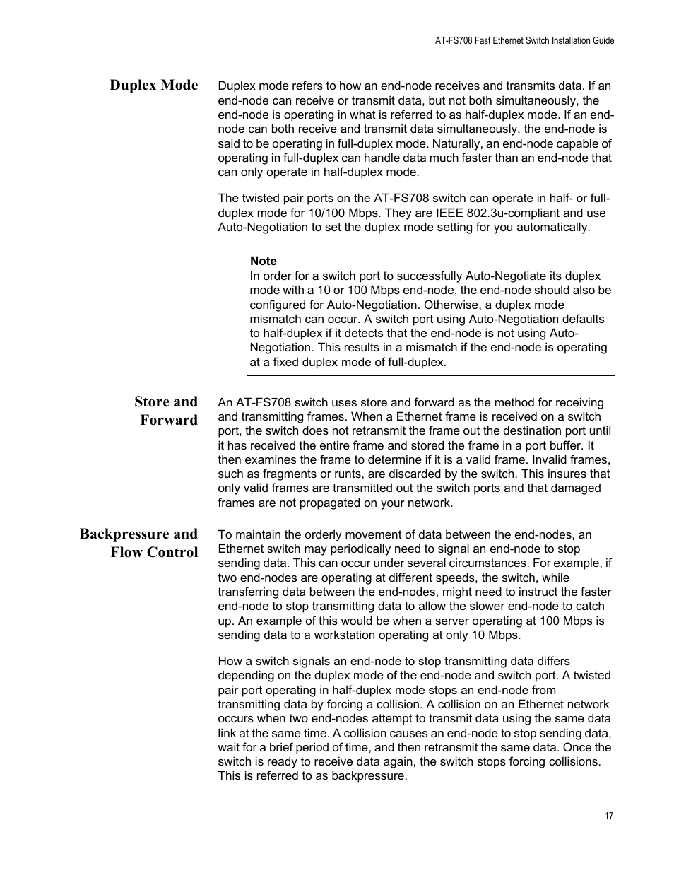 Duplex mode, Store and forward, Backpressure and flow control | Allied Telesis AT-FS708 User Manual | Page 17 / 61