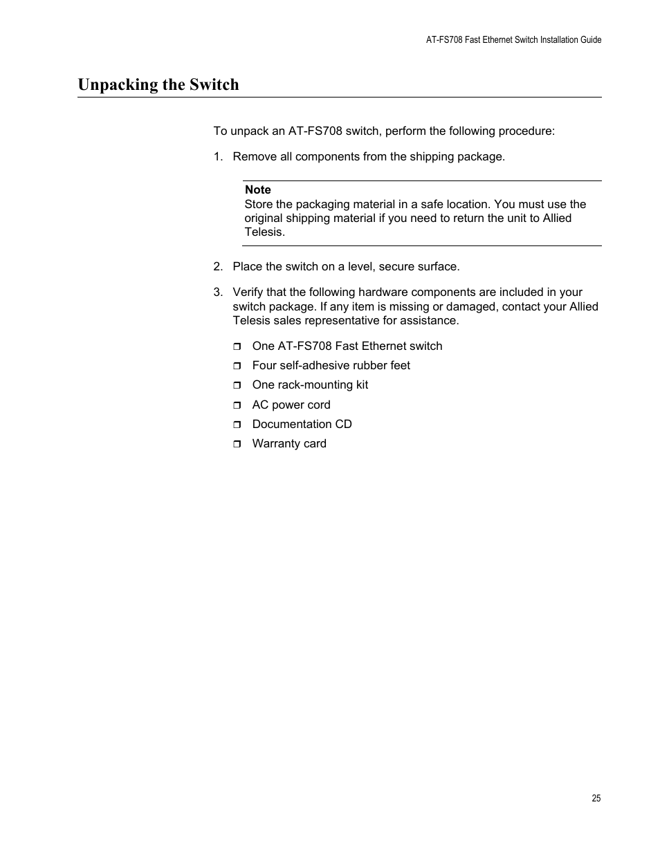 Unpacking the switch | Allied Telesis AT-FS708 User Manual | Page 25 / 61