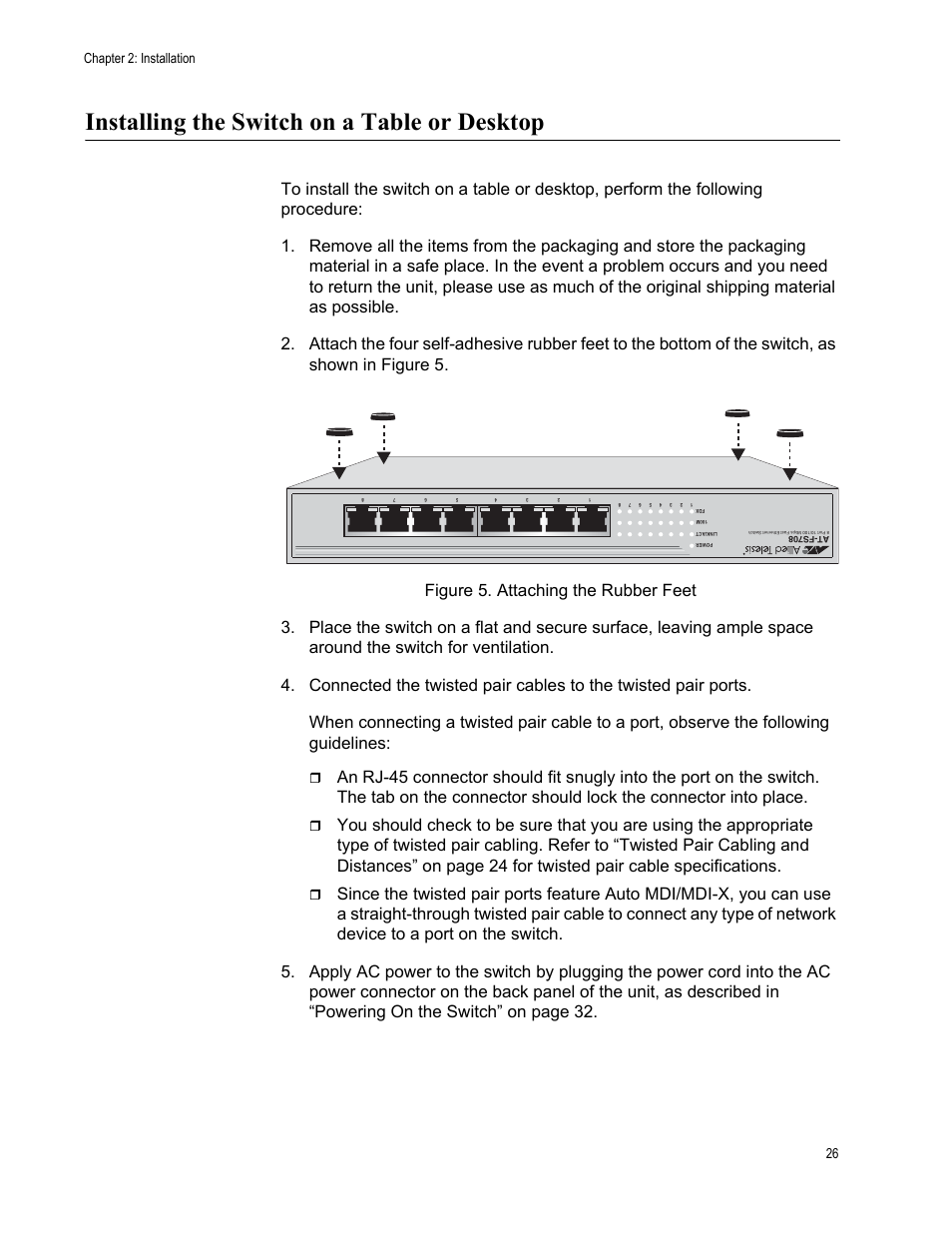 Installing the switch on a table or desktop | Allied Telesis AT-FS708 User Manual | Page 26 / 61