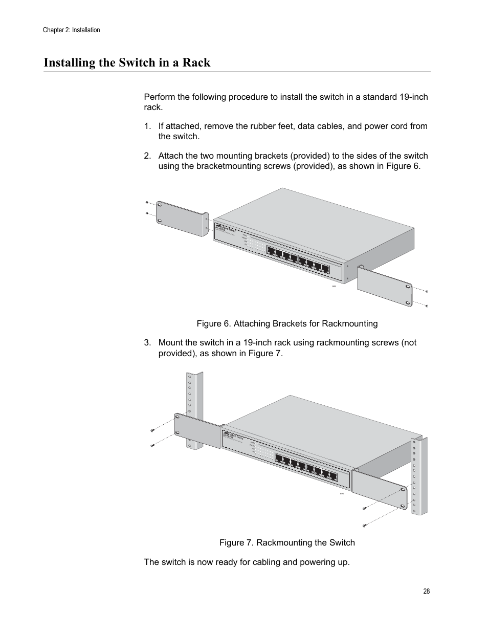 Installing the switch in a rack, Chapter 2: installation 28 | Allied Telesis AT-FS708 User Manual | Page 28 / 61