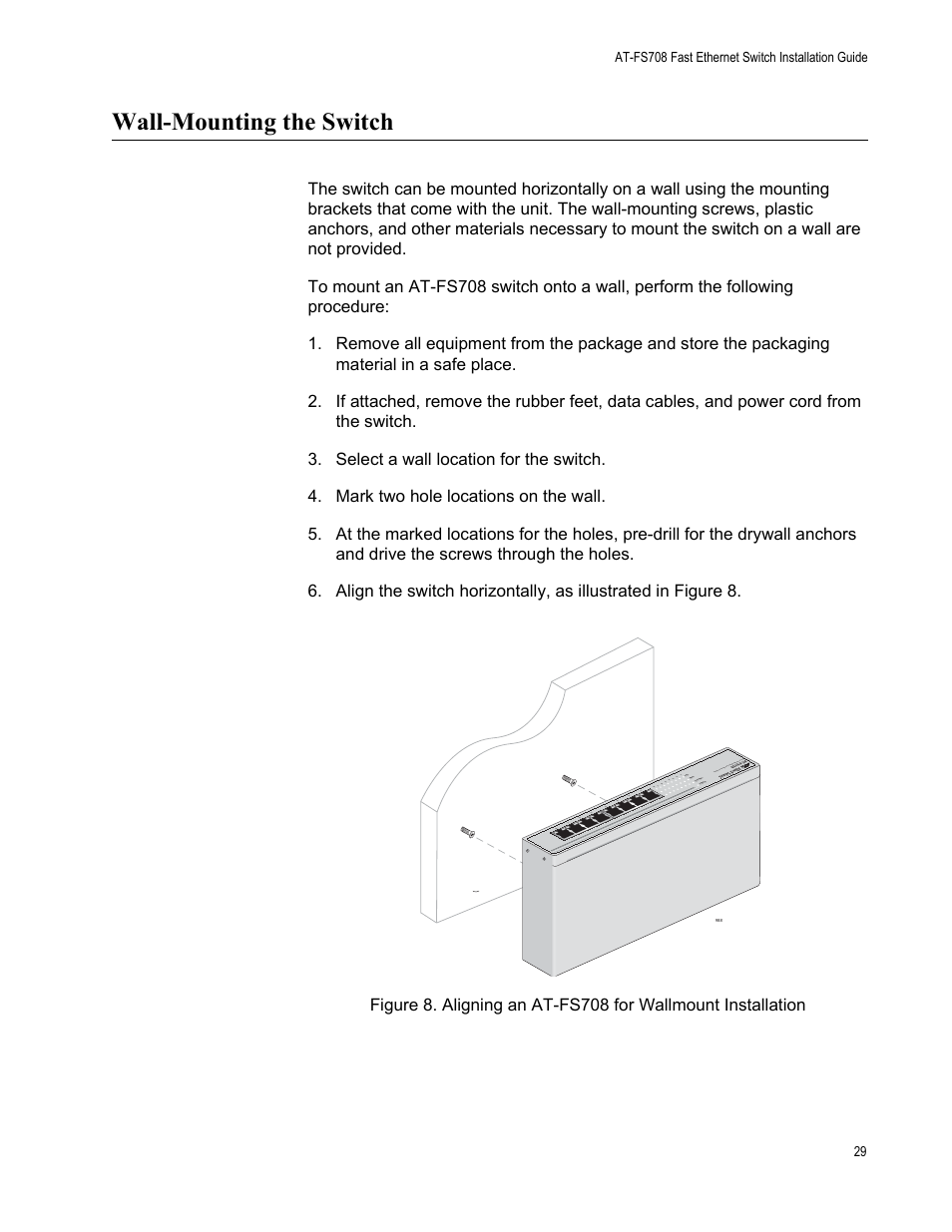 Wall-mounting the switch | Allied Telesis AT-FS708 User Manual | Page 29 / 61