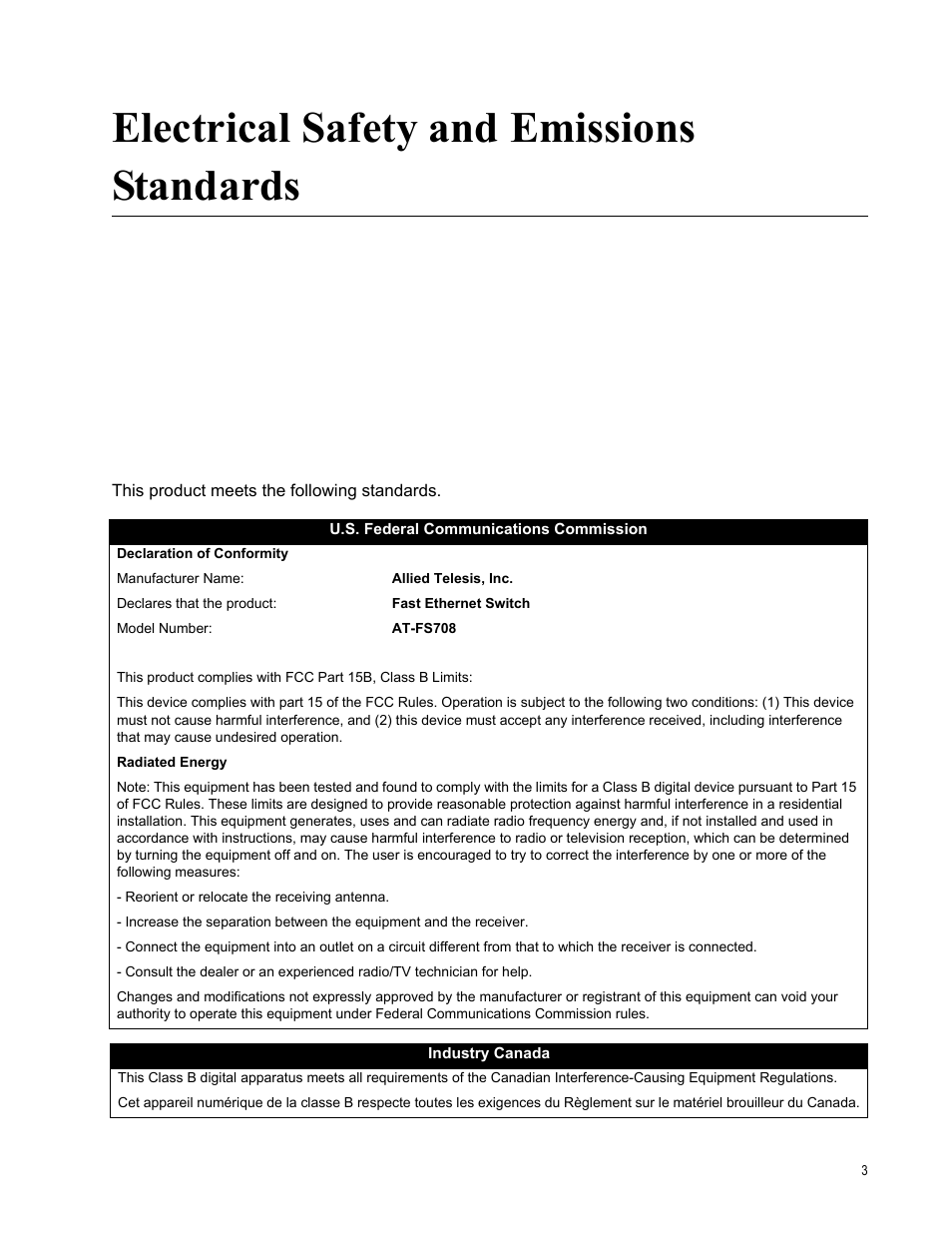 Electrical safety and emissions standards | Allied Telesis AT-FS708 User Manual | Page 3 / 61