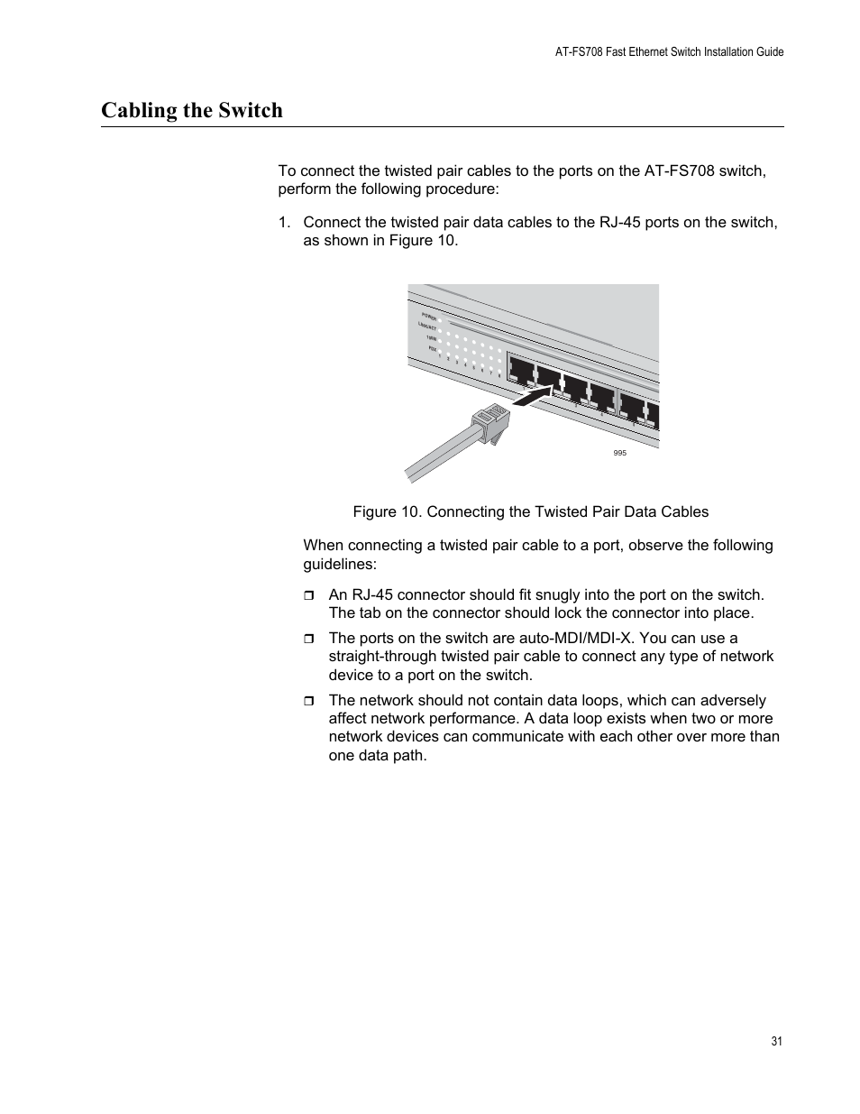 Cabling the switch | Allied Telesis AT-FS708 User Manual | Page 31 / 61