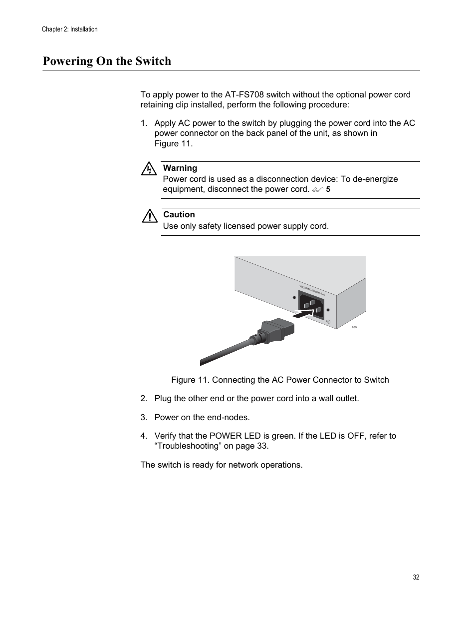 Powering on the switch | Allied Telesis AT-FS708 User Manual | Page 32 / 61
