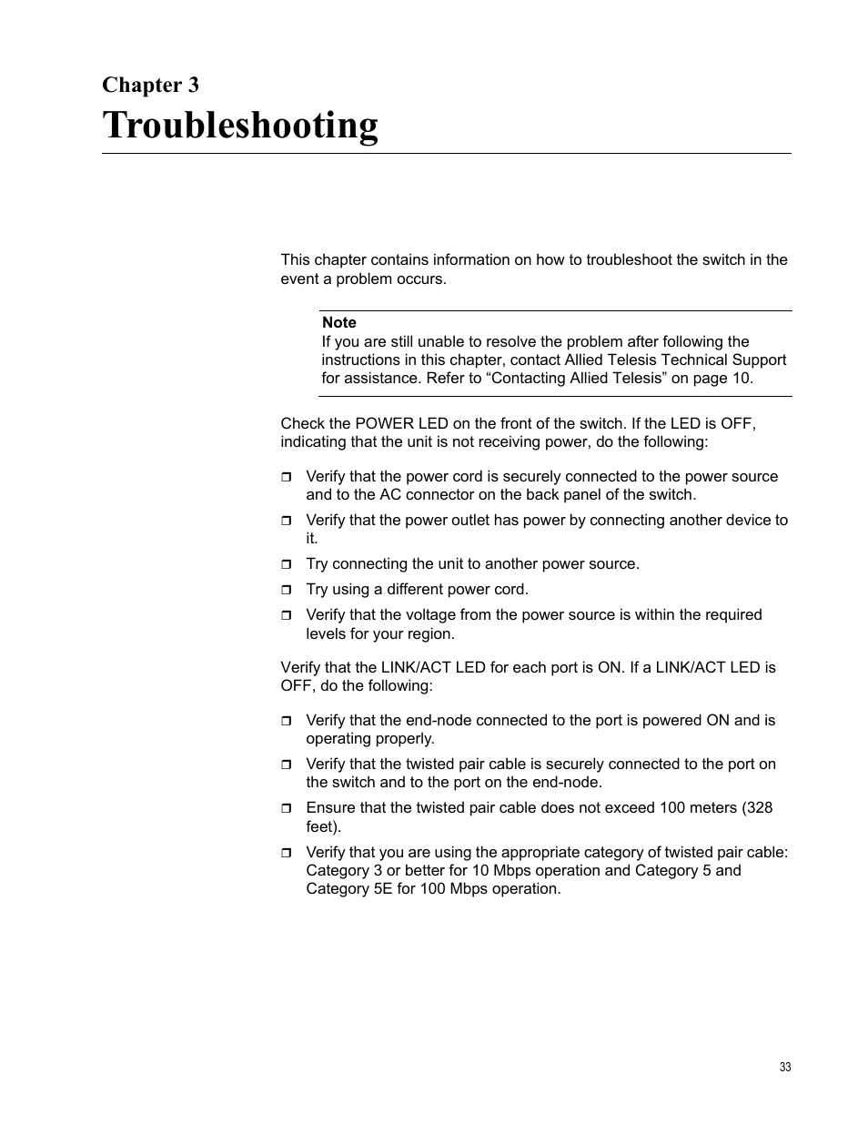 Chapter 3, Troubleshooting | Allied Telesis AT-FS708 User Manual | Page 33 / 61