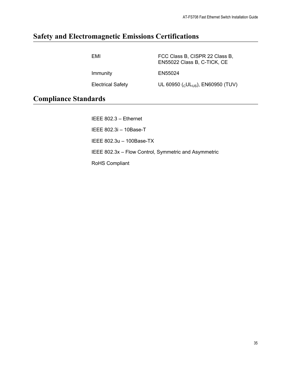 Compliance standards | Allied Telesis AT-FS708 User Manual | Page 35 / 61