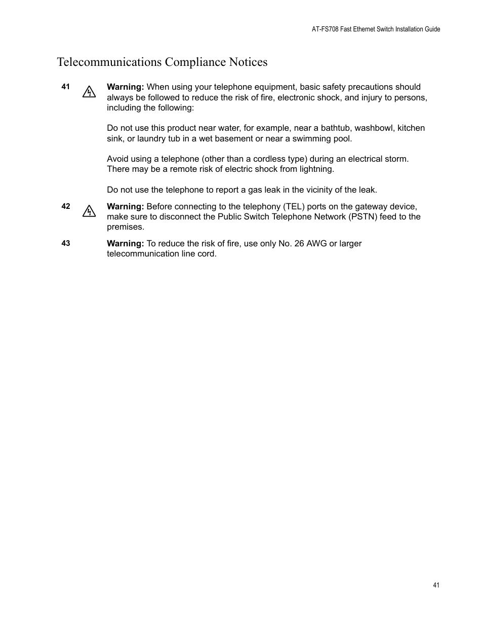 Telecommunications compliance notices | Allied Telesis AT-FS708 User Manual | Page 41 / 61