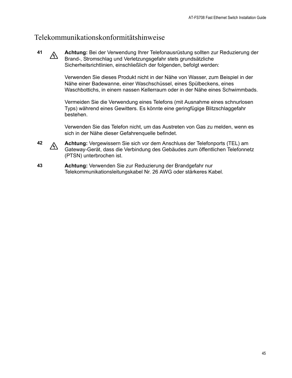 Telekommunikationskonformitätshinweise | Allied Telesis AT-FS708 User Manual | Page 45 / 61