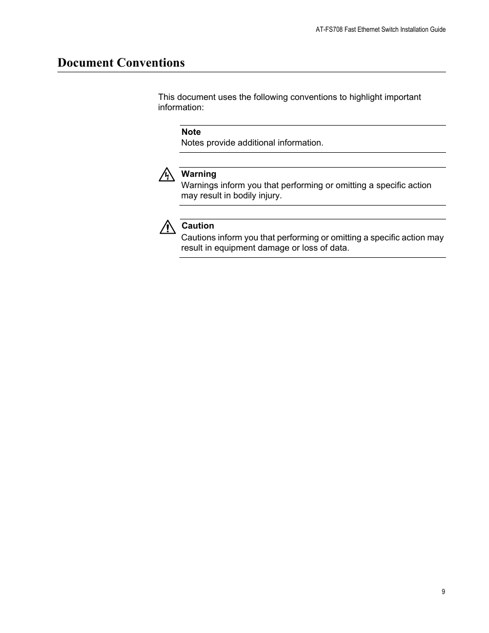 Document conventions | Allied Telesis AT-FS708 User Manual | Page 9 / 61