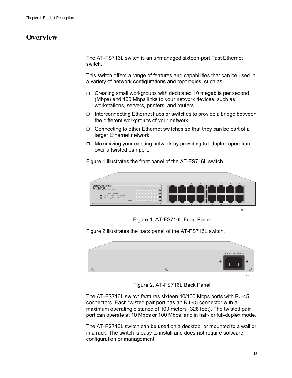 Overview, Chapter 1: product description 12 | Allied Telesis AT-FS716L User Manual | Page 12 / 62