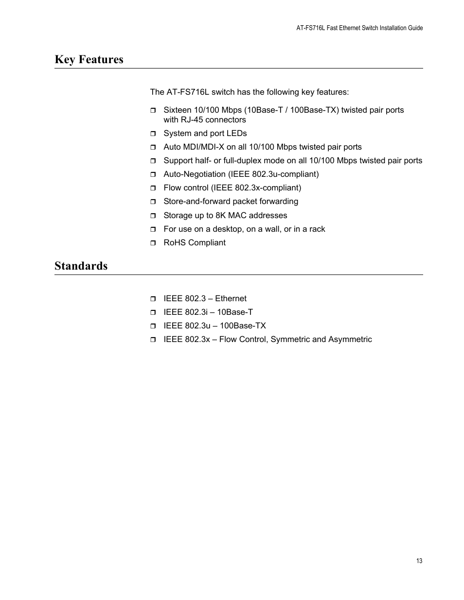 Key features, Standards, Key features standards | Allied Telesis AT-FS716L User Manual | Page 13 / 62