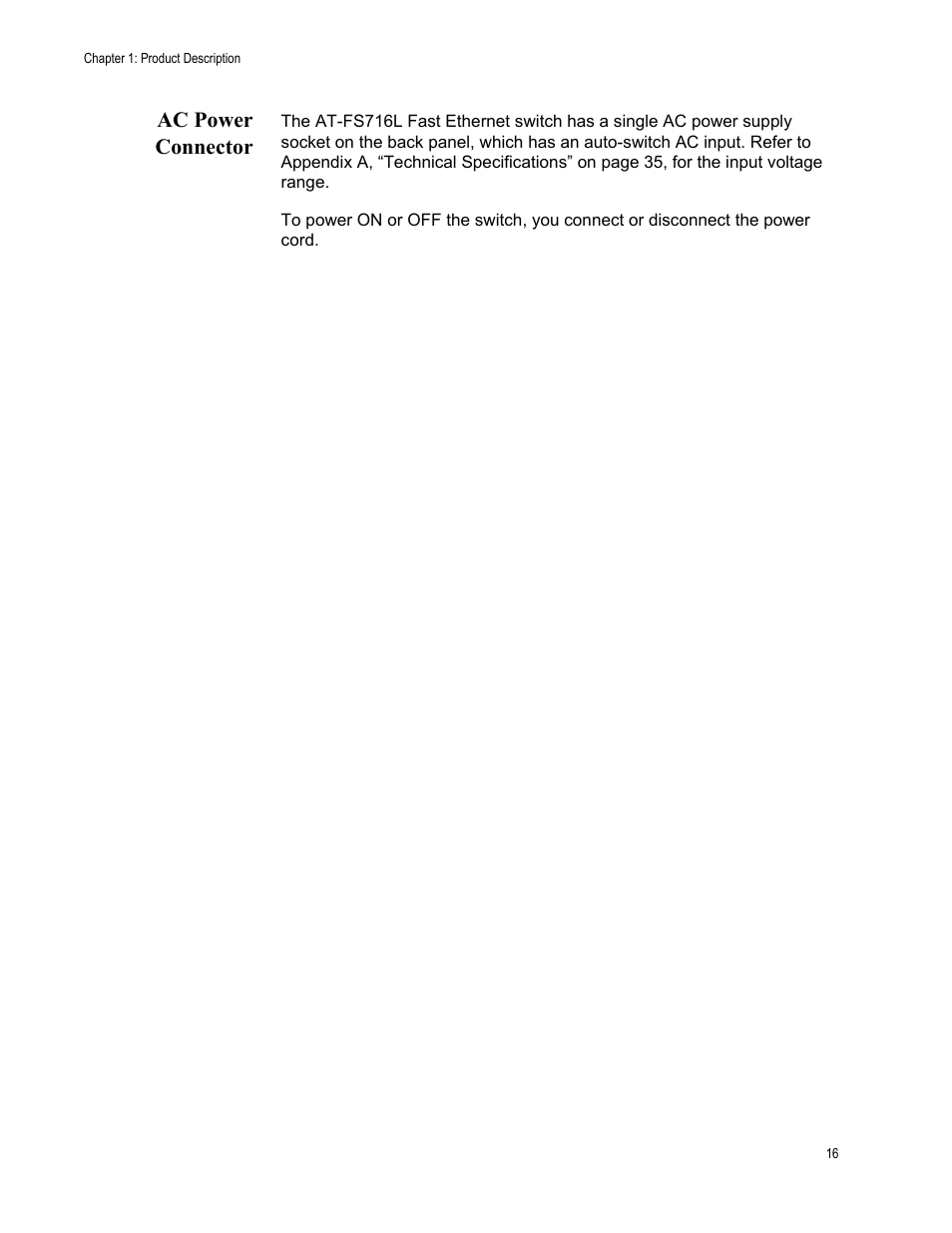 Ac power connector | Allied Telesis AT-FS716L User Manual | Page 16 / 62