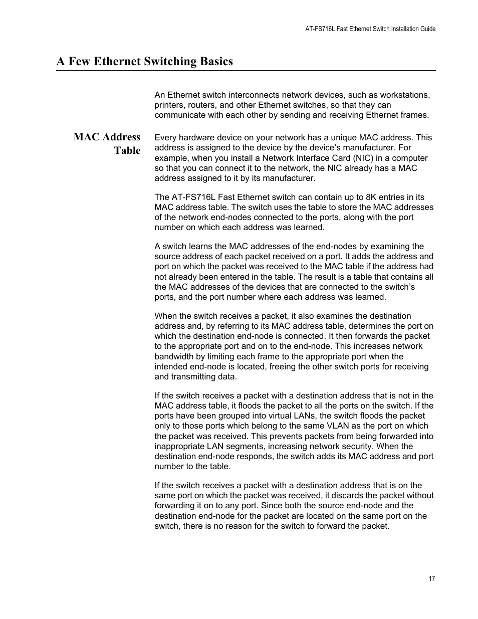 A few ethernet switching basics, Mac address table | Allied Telesis AT-FS716L User Manual | Page 17 / 62