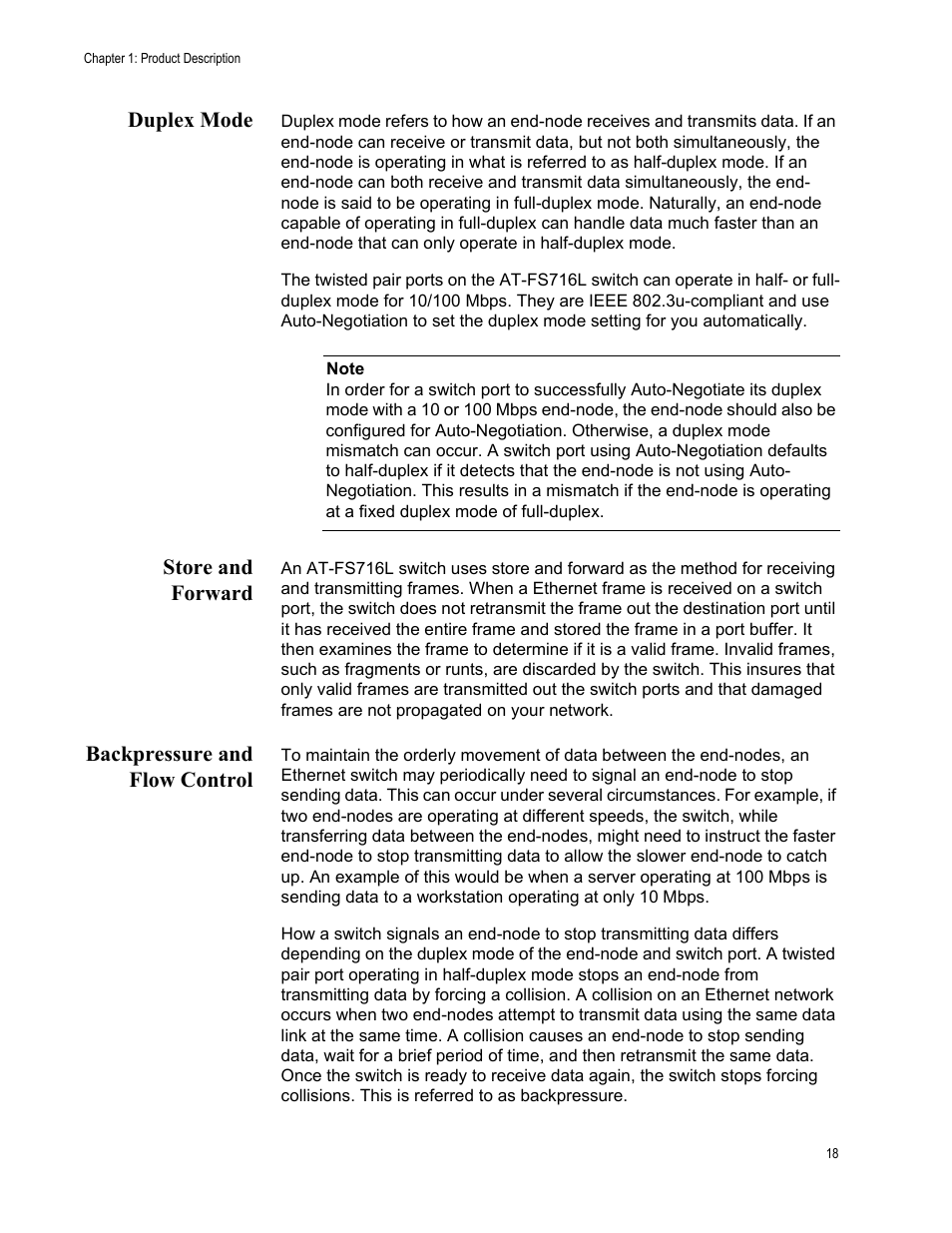 Duplex mode, Store and forward, Backpressure and flow control | Allied Telesis AT-FS716L User Manual | Page 18 / 62