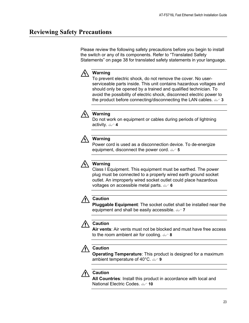 Reviewing safety precautions | Allied Telesis AT-FS716L User Manual | Page 23 / 62