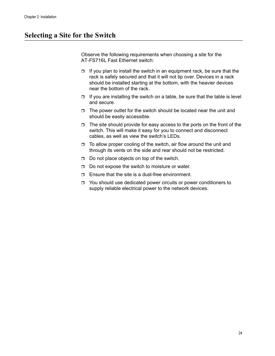 Selecting a site for the switch | Allied Telesis AT-FS716L User Manual | Page 24 / 62