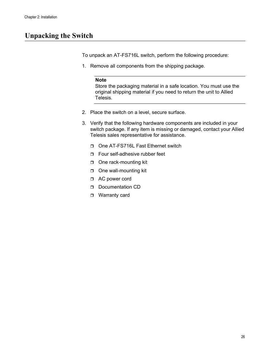 Unpacking the switch | Allied Telesis AT-FS716L User Manual | Page 26 / 62