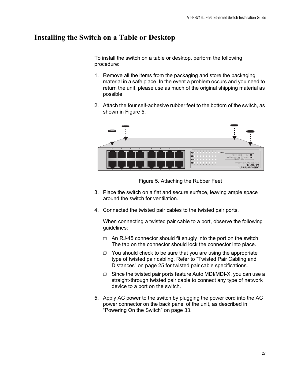 Installing the switch on a table or desktop | Allied Telesis AT-FS716L User Manual | Page 27 / 62