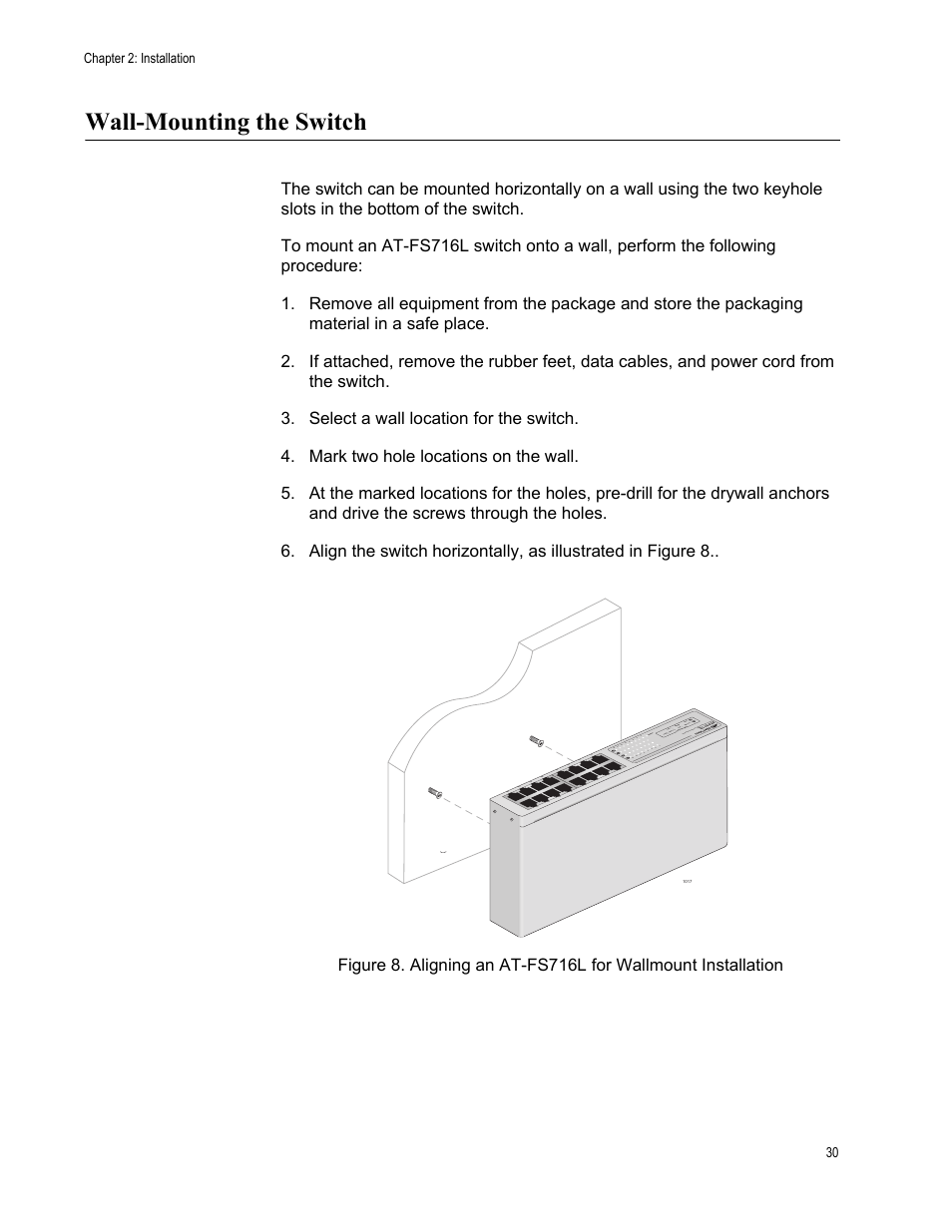 Wall-mounting the switch, Chapter 2: installation 30, Col pow er | Allied Telesis AT-FS716L User Manual | Page 30 / 62