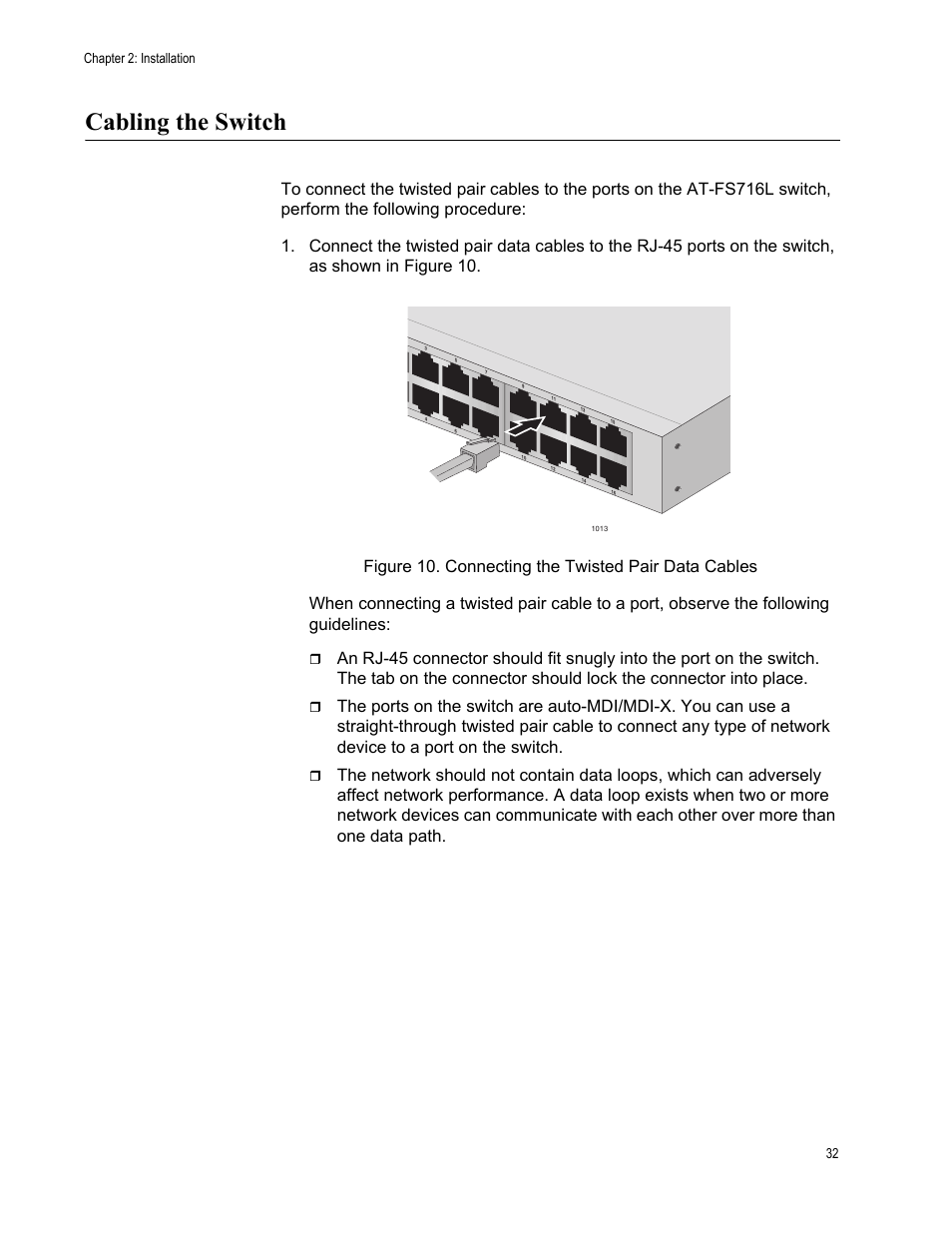 Cabling the switch, Chapter 2: installation 32 | Allied Telesis AT-FS716L User Manual | Page 32 / 62