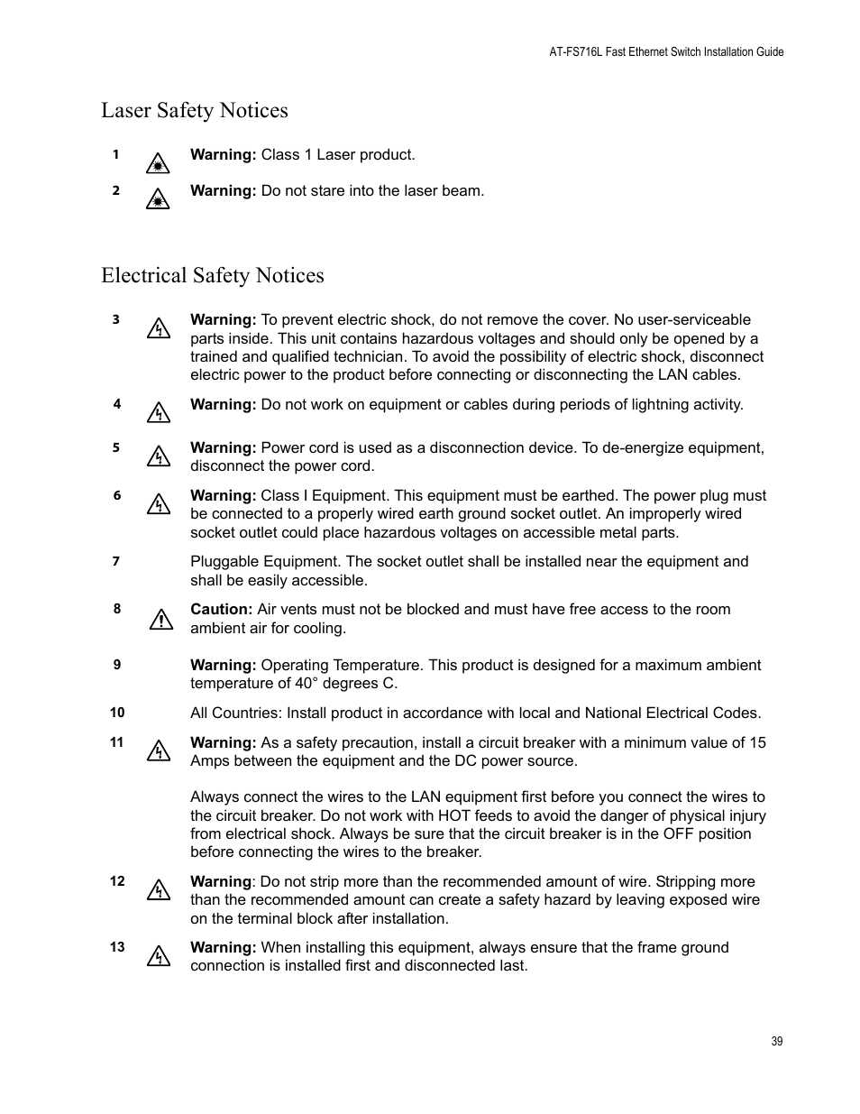 Laser safety notices electrical safety notices | Allied Telesis AT-FS716L User Manual | Page 39 / 62