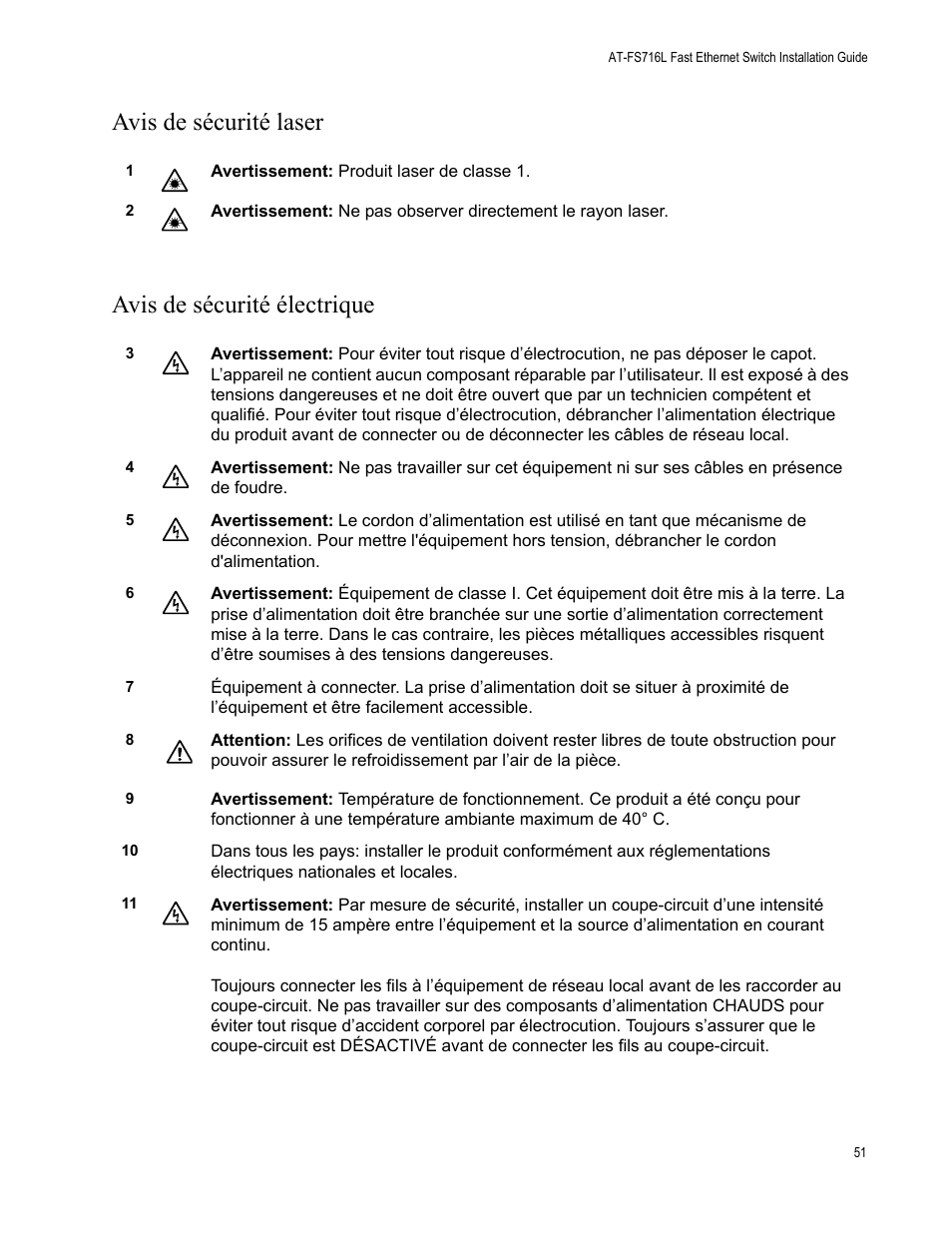 Avis de sécurité laser avis de sécurité électrique | Allied Telesis AT-FS716L User Manual | Page 51 / 62