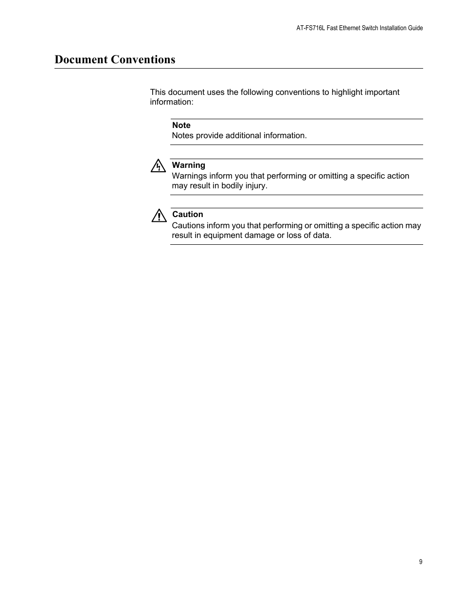 Document conventions | Allied Telesis AT-FS716L User Manual | Page 9 / 62