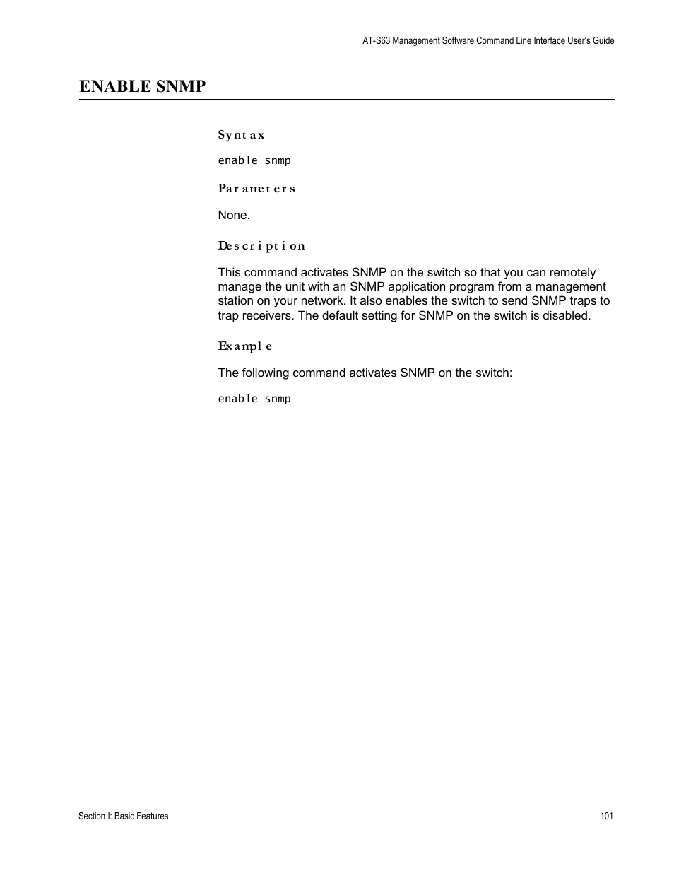 Enable snmp | Allied Telesis AT-S63 User Manual | Page 101 / 718
