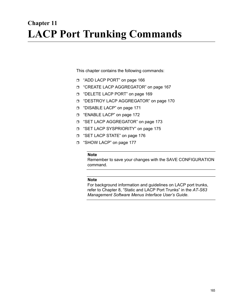 Chapter 11, Lacp port trunking commands | Allied Telesis AT-S63 User Manual | Page 165 / 718