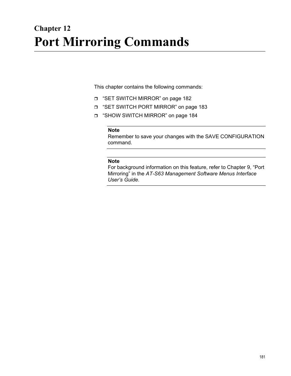 Chapter 12, Port mirroring commands, Chapter 12: port mirroring commands | Allied Telesis AT-S63 User Manual | Page 181 / 718