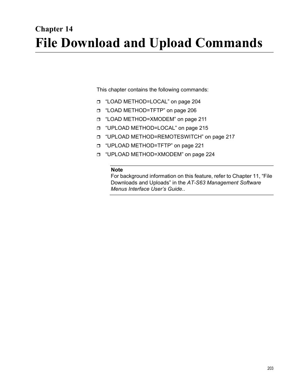 Chapter 14, File download and upload commands | Allied Telesis AT-S63 User Manual | Page 203 / 718