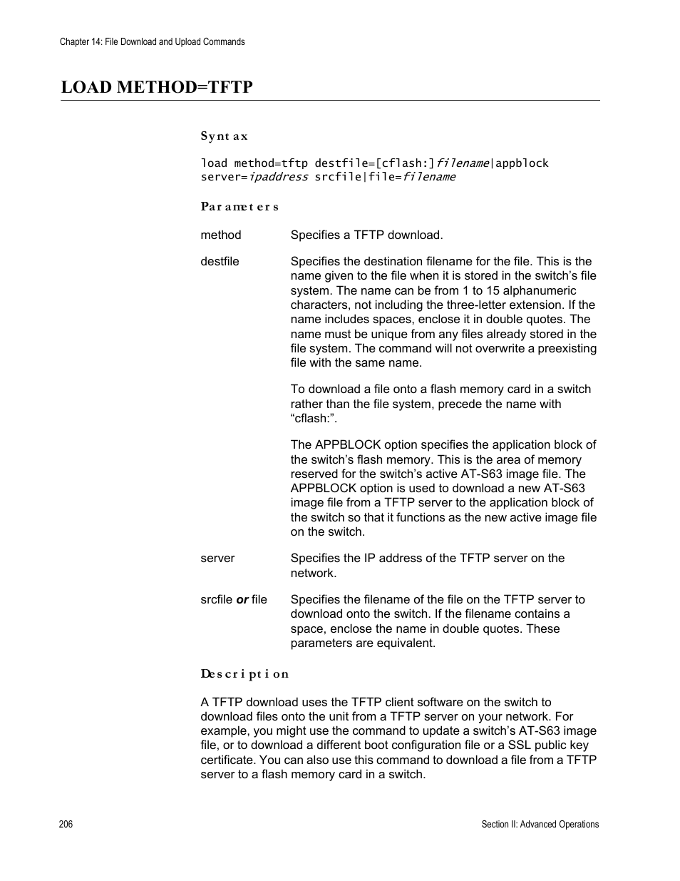 Load method=tftp | Allied Telesis AT-S63 User Manual | Page 206 / 718