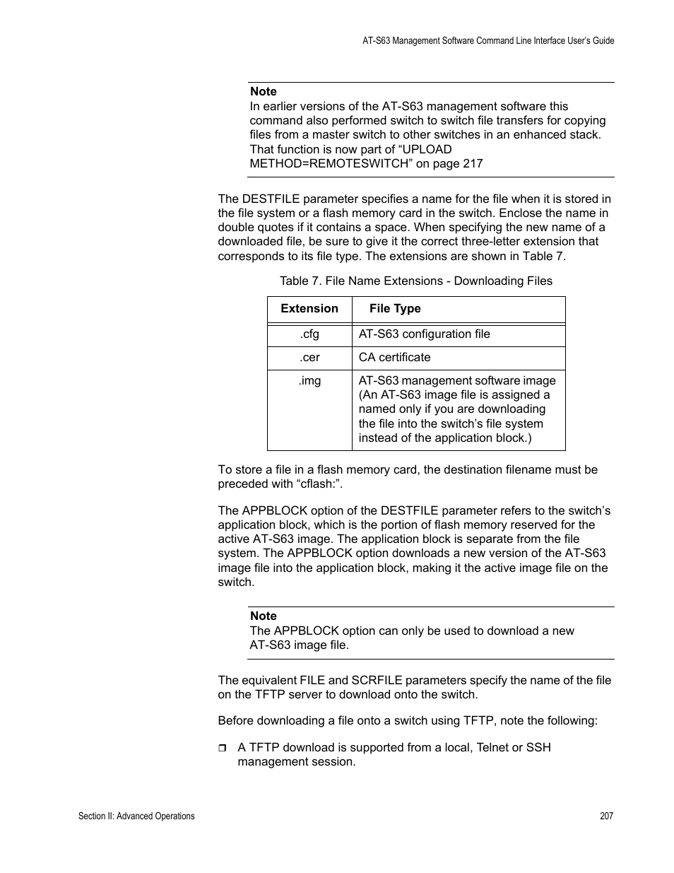 Table 7. file name extensions - downloading files | Allied Telesis AT-S63 User Manual | Page 207 / 718