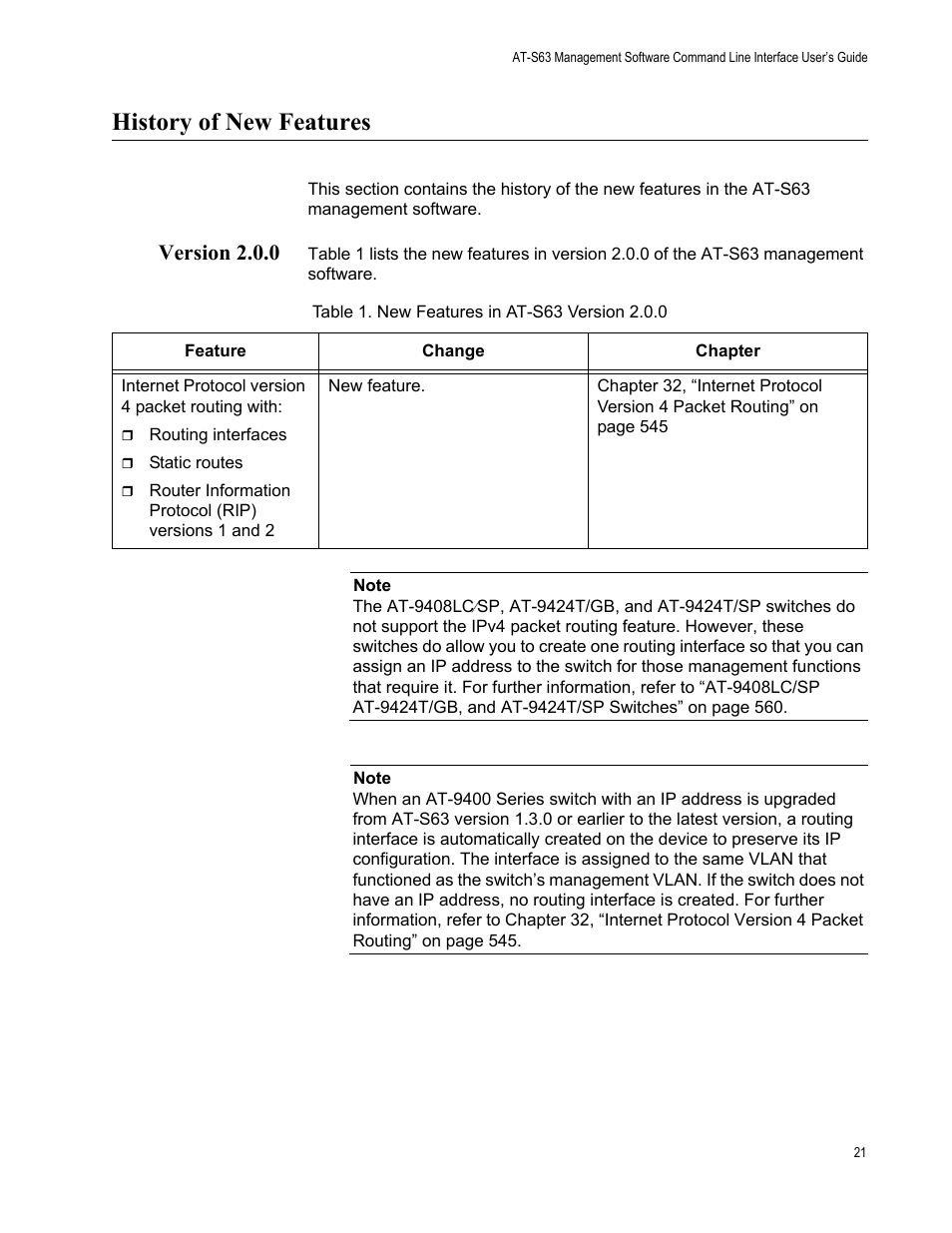 History of new features, Version 2.0.0, Table 1. new features in at-s63 version 2.0.0 | Allied Telesis AT-S63 User Manual | Page 21 / 718