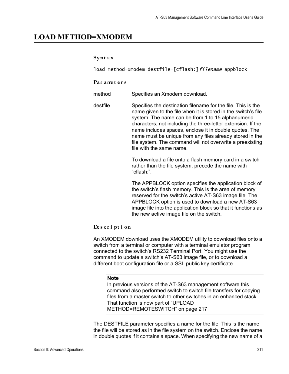 Load method=xmodem | Allied Telesis AT-S63 User Manual | Page 211 / 718