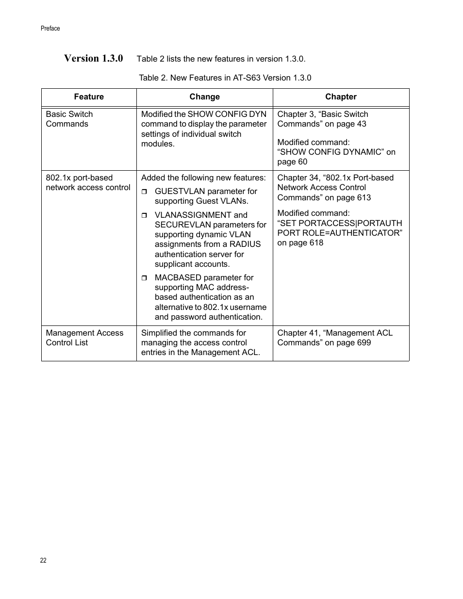 Version 1.3.0, Table 2. new features in at-s63 version 1.3.0 | Allied Telesis AT-S63 User Manual | Page 22 / 718