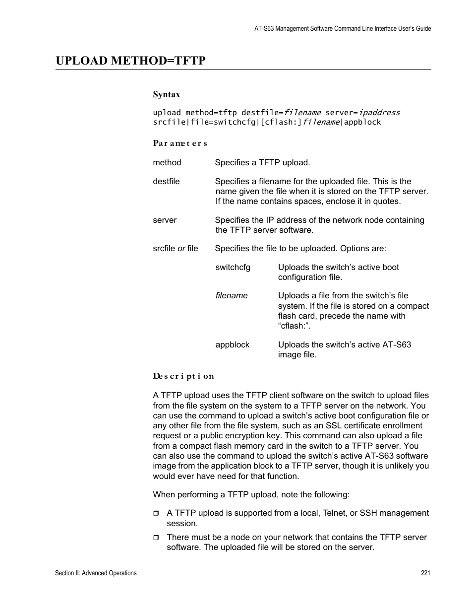 Upload method=tftp | Allied Telesis AT-S63 User Manual | Page 221 / 718