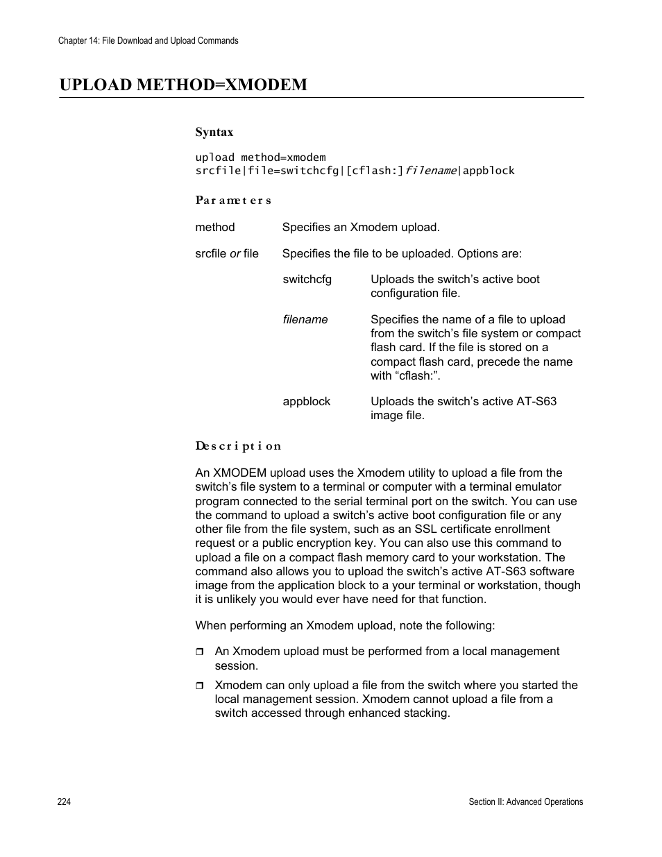 Upload method=xmodem | Allied Telesis AT-S63 User Manual | Page 224 / 718