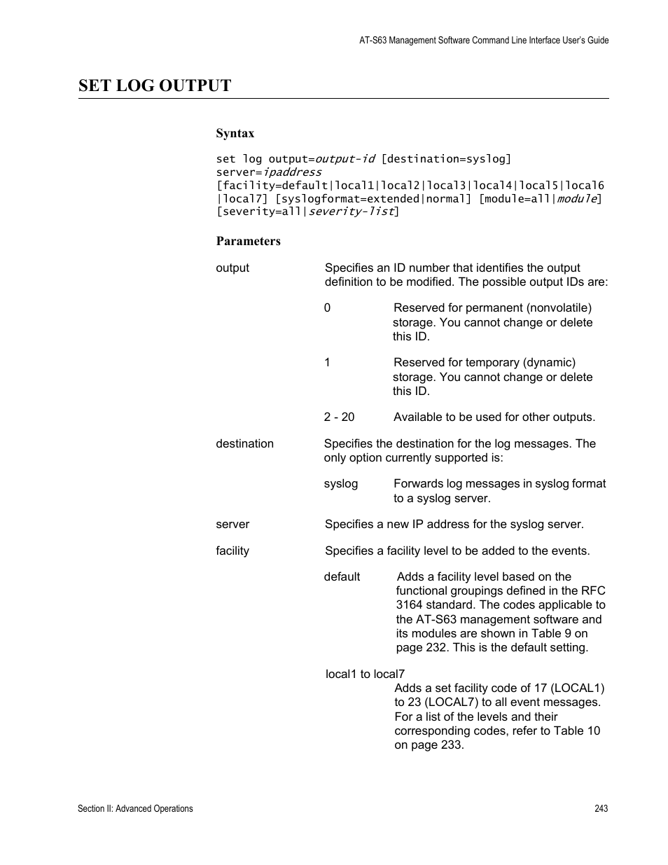 Set log output | Allied Telesis AT-S63 User Manual | Page 243 / 718