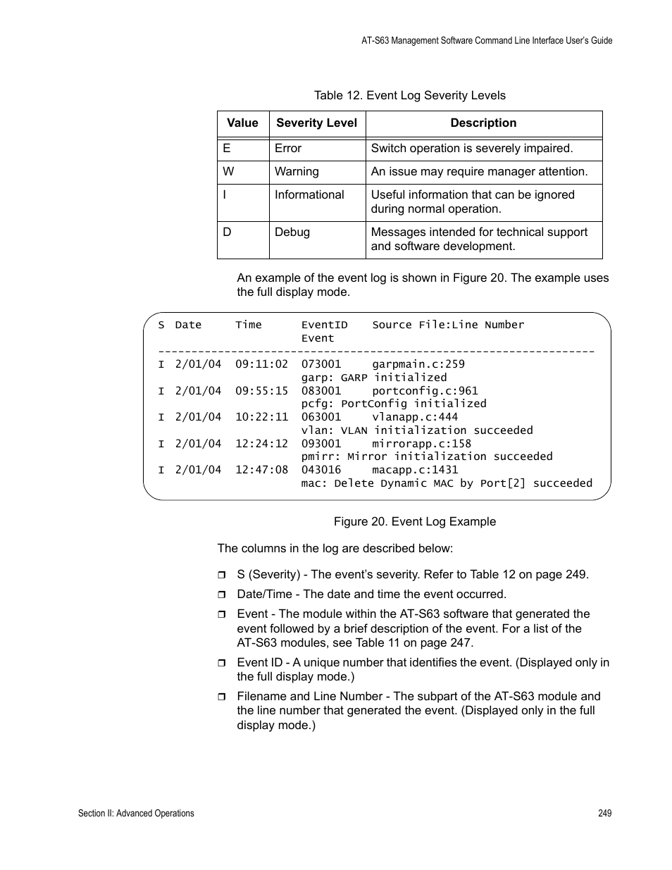 Table 12. event log severity levels | Allied Telesis AT-S63 User Manual | Page 249 / 718