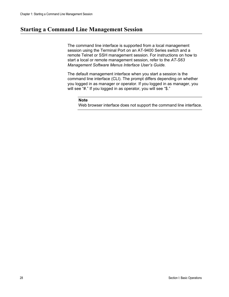 Starting a command line management session | Allied Telesis AT-S63 User Manual | Page 28 / 718