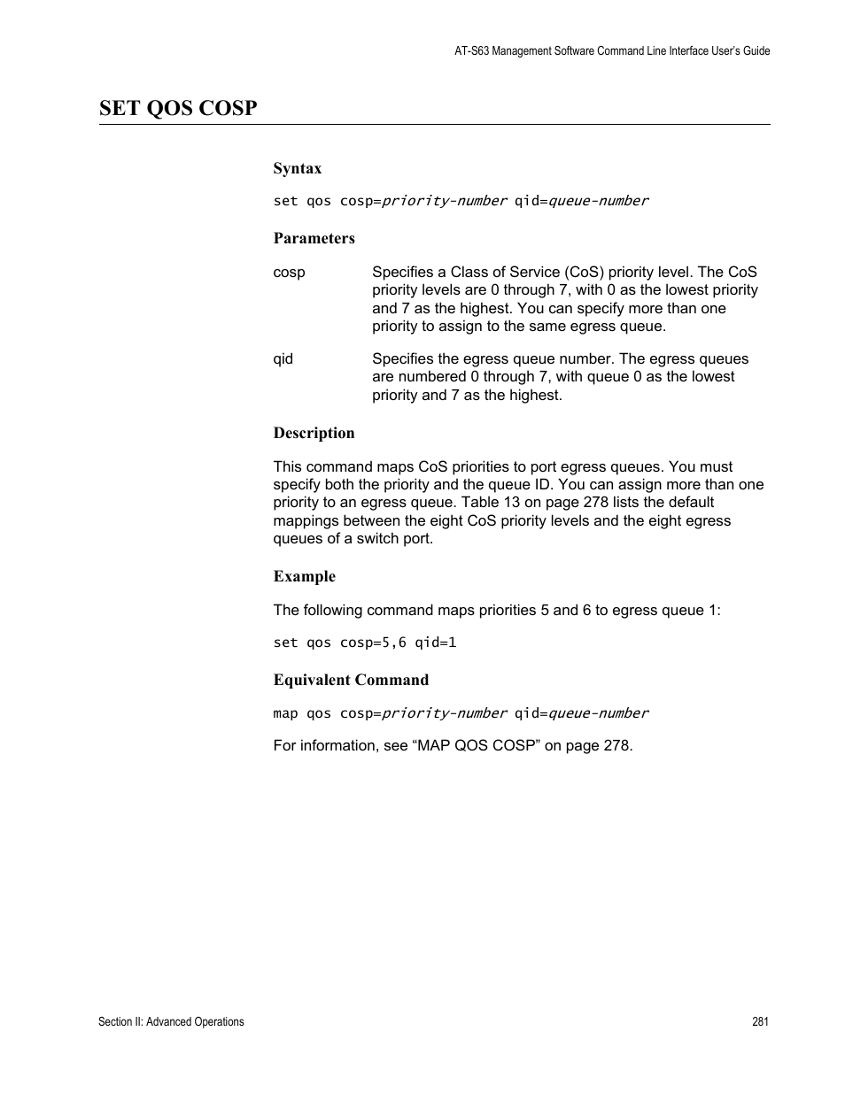 Set qos cosp | Allied Telesis AT-S63 User Manual | Page 281 / 718