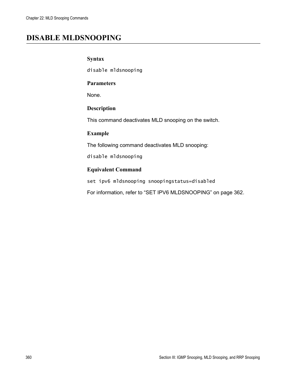 Disable mldsnooping | Allied Telesis AT-S63 User Manual | Page 360 / 718